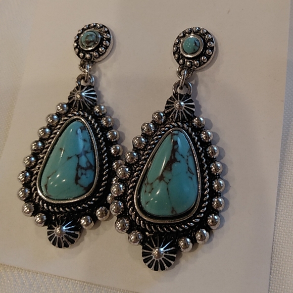 Turquoise Silver Drop Earrings Boho Gypsy Cowgirl Southwest Rustic Style - Picture 3 of 4